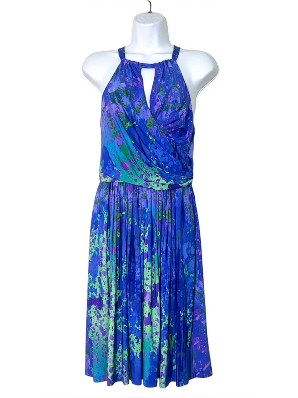 Suzi Chin for Maggy Boutique Blue Watercolor Halter Keyhole Crossover Dress